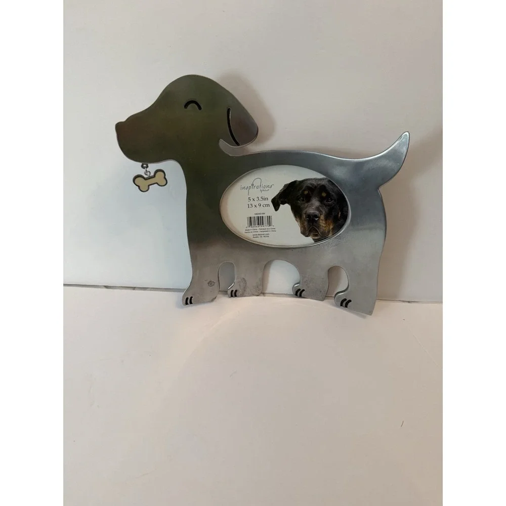 PEWTER DOG w‎ BONE THEME PICTURE PHOTO FRAME WOOF BONE 3-1/2 X 5 Free Standing